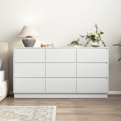 Dresser Mid-Century 9-Drawer White Wave No-Handle 59.1x15.7x31.6 In