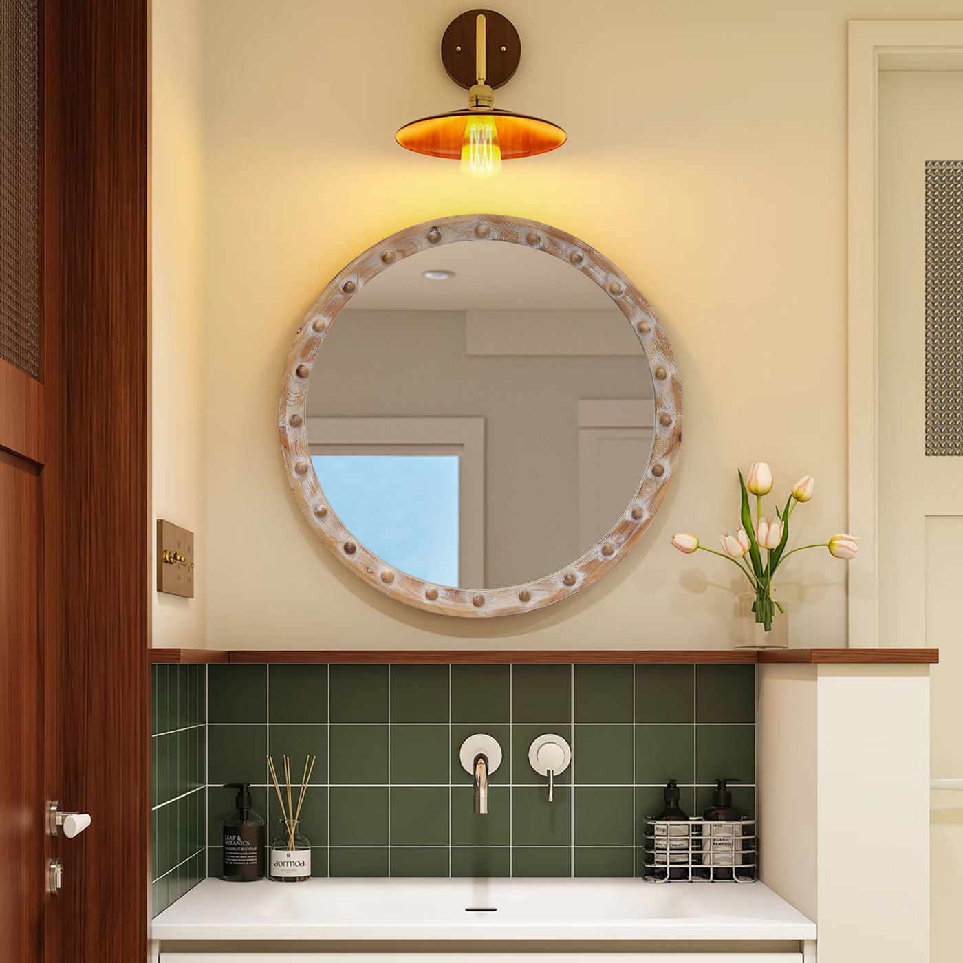 Vintage Rustic Round Wall Mirror 23.62" Distressed Wood Frame