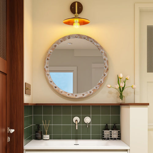 Vintage Rustic Round Wall Mirror 23.62" Distressed Wood Frame