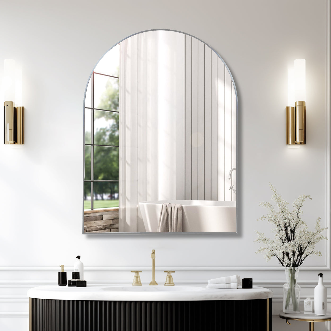 30x40" Silver Metal Arched Bathroom Wall Mirror