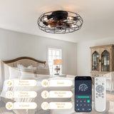 19-inch black wrought-iron cage-style ceiling fan light, featuring remote