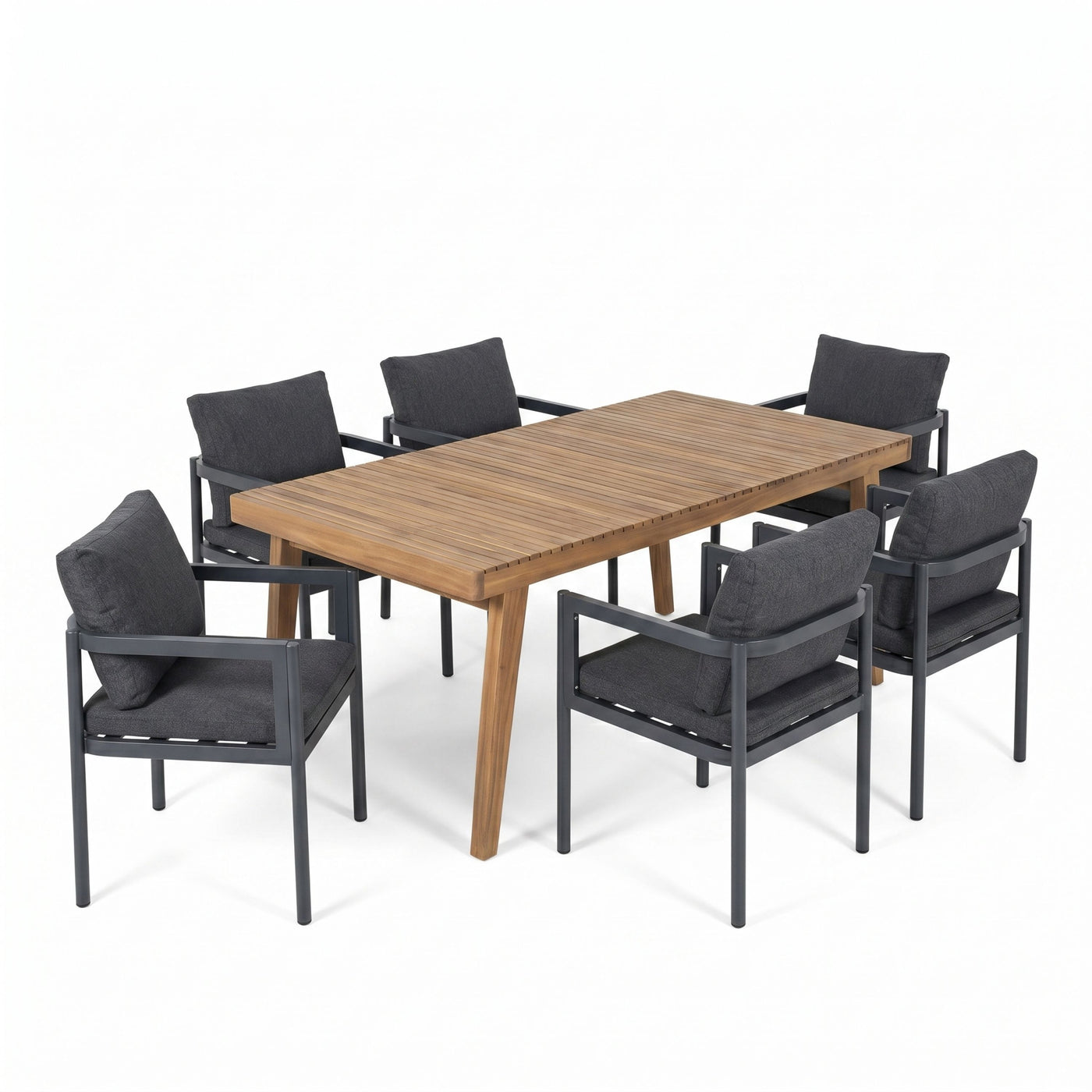 7-Piece Outdoor Patio Dining Set with Acacia Wood Table & Grey Aluminum Chairs with Cushions