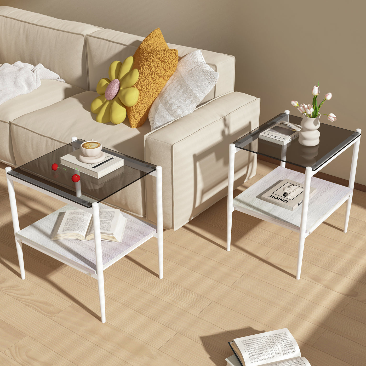 Set of 2 Rectangle End Tables with Tempered Glass Top