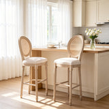 French Country 30" Bar Stools Set of 2 Beige Rattan Linen