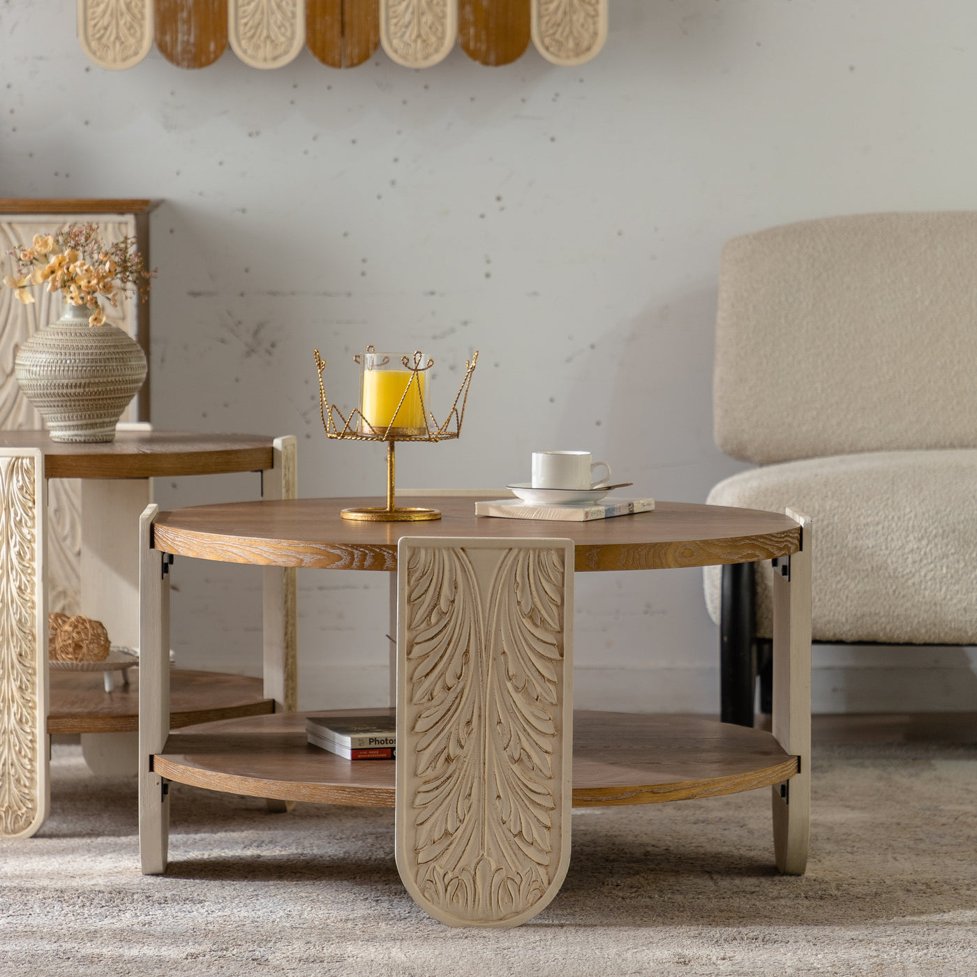 Carved Wood Coffee Table, Retro Double-Layer Storage, Palace Style, Small Spaces