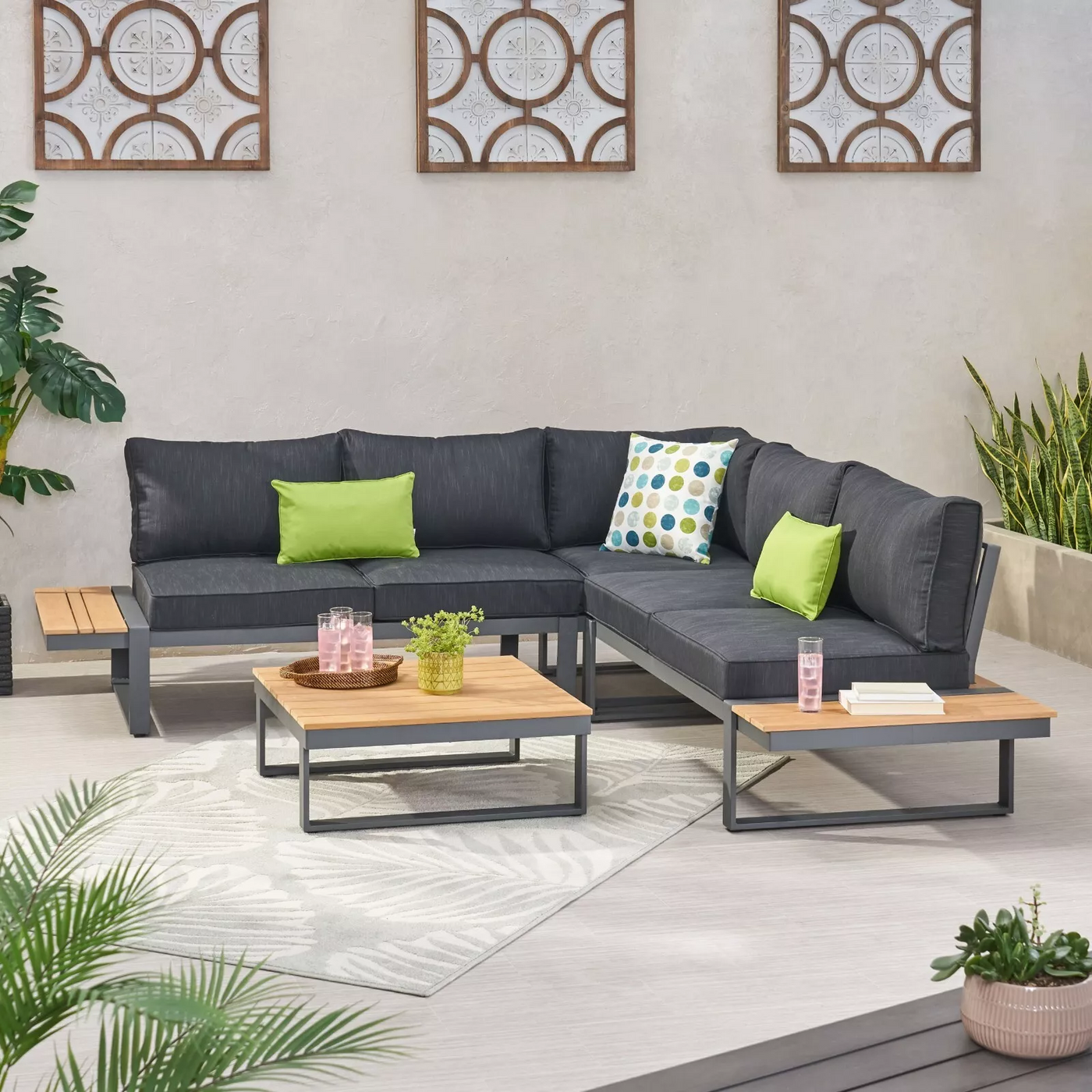 Outdoor Sectional Set Aluminum Acacia Wood Dark Gray 5 Piece Seats 5
