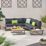Outdoor Sectional Set Aluminum Acacia Wood Dark Gray 5 Piece Seats 5