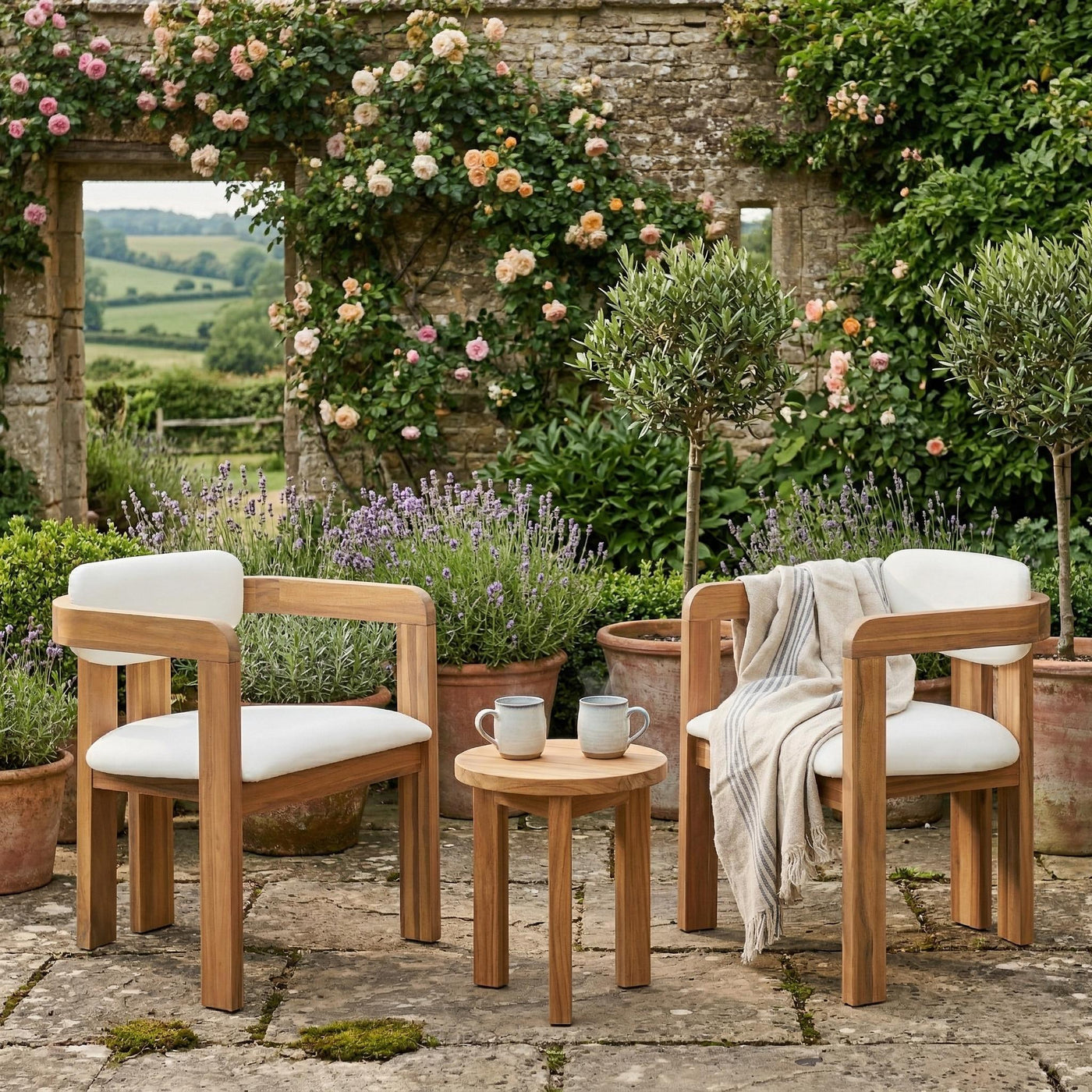 Acacia Wood Patio Dining Chairs Set of 2 with Cushions