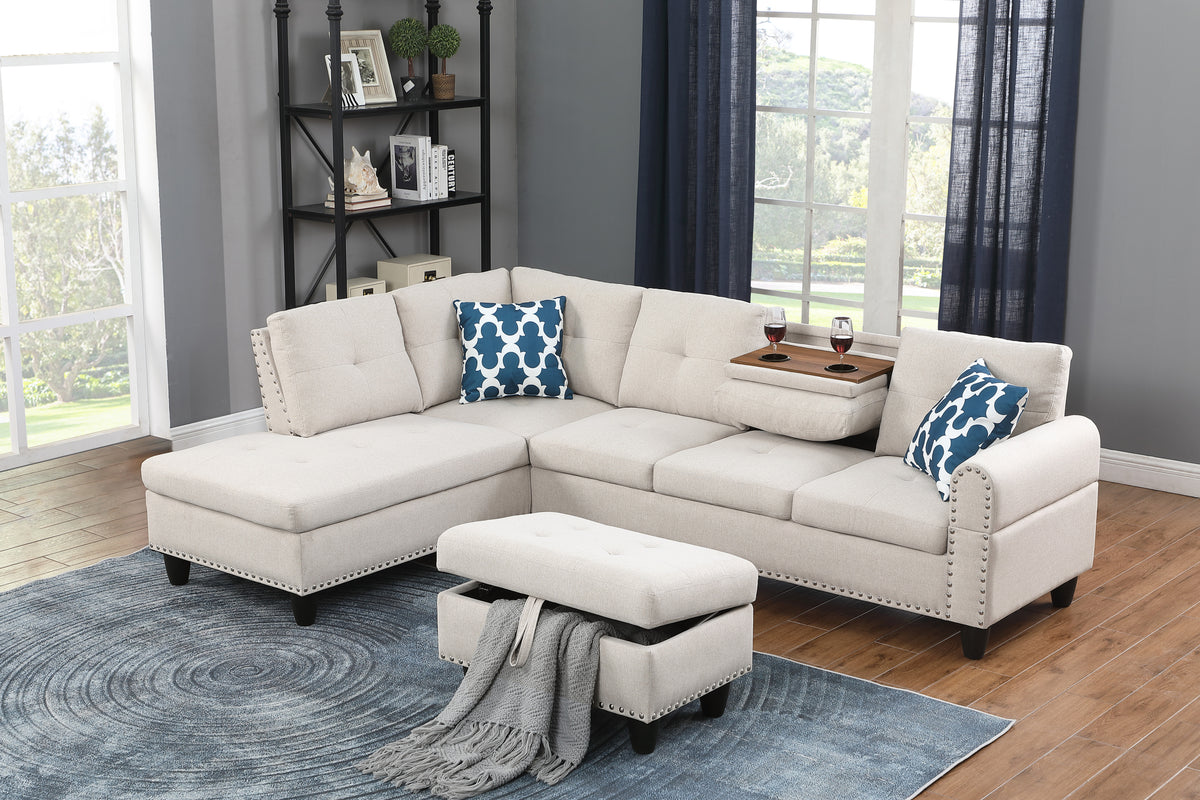 Linen Chaise Sofa with Chaise with Ottoman Beige 98"