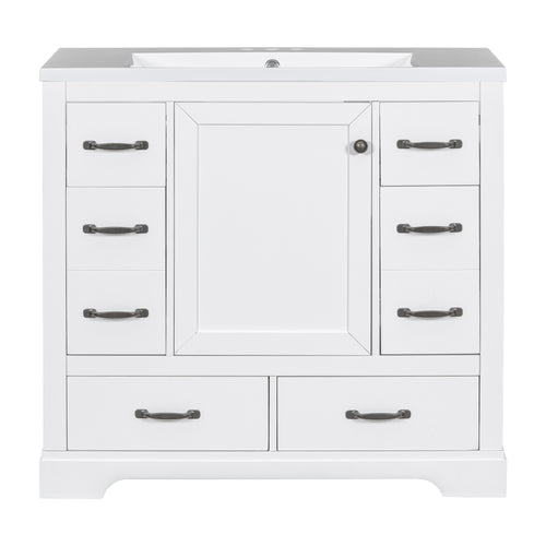 Modern 36' Bathroom Vanity with Sink Combo, Six Drawers, Adjustable Shelf, White Finish, Solid Wood & MDF Construction