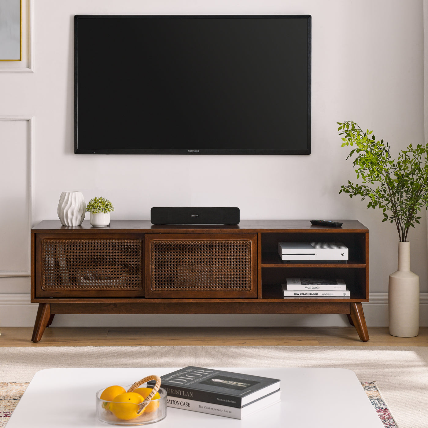 59" Mid Century Modern Rattan TV Stand with Wood Feet