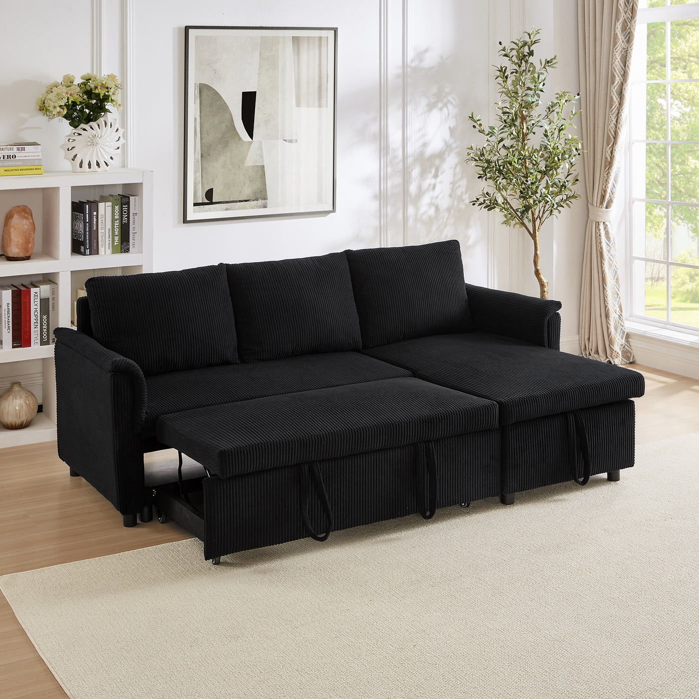 L-Shaped Modular Sectional Sofa Sleeper with Storage Chaise Black