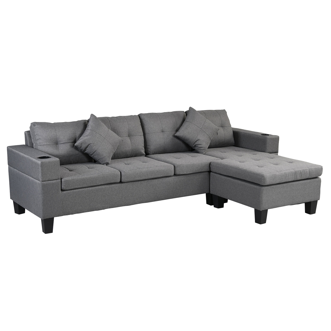 L-Shape Sectional Sofa with Chaise Lounge, Cup Holder, Grey