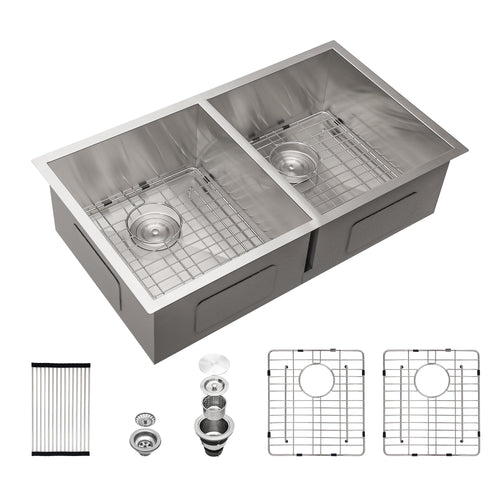 Brushed Nickel Undermount Double Bowl Kitchen Sink 33x19 16 Gauge
