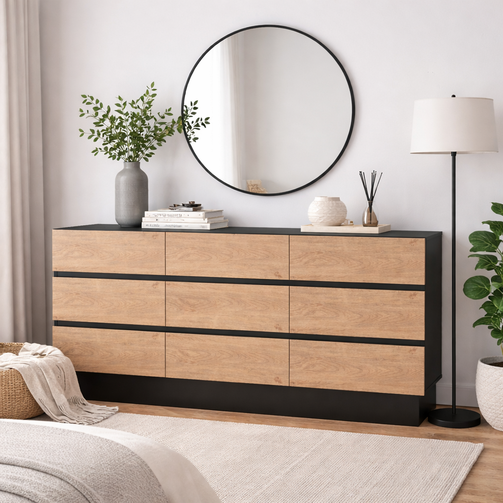Dresser Modern 9-Drawer Oak MDF Handleless 62.9x15.6x31.1 In