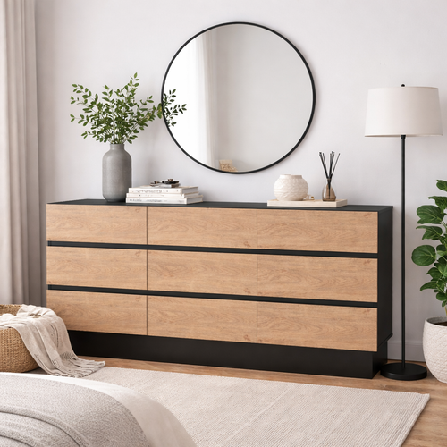 Dresser Modern 9-Drawer Oak MDF Handleless 62.9x15.6x31.1 In