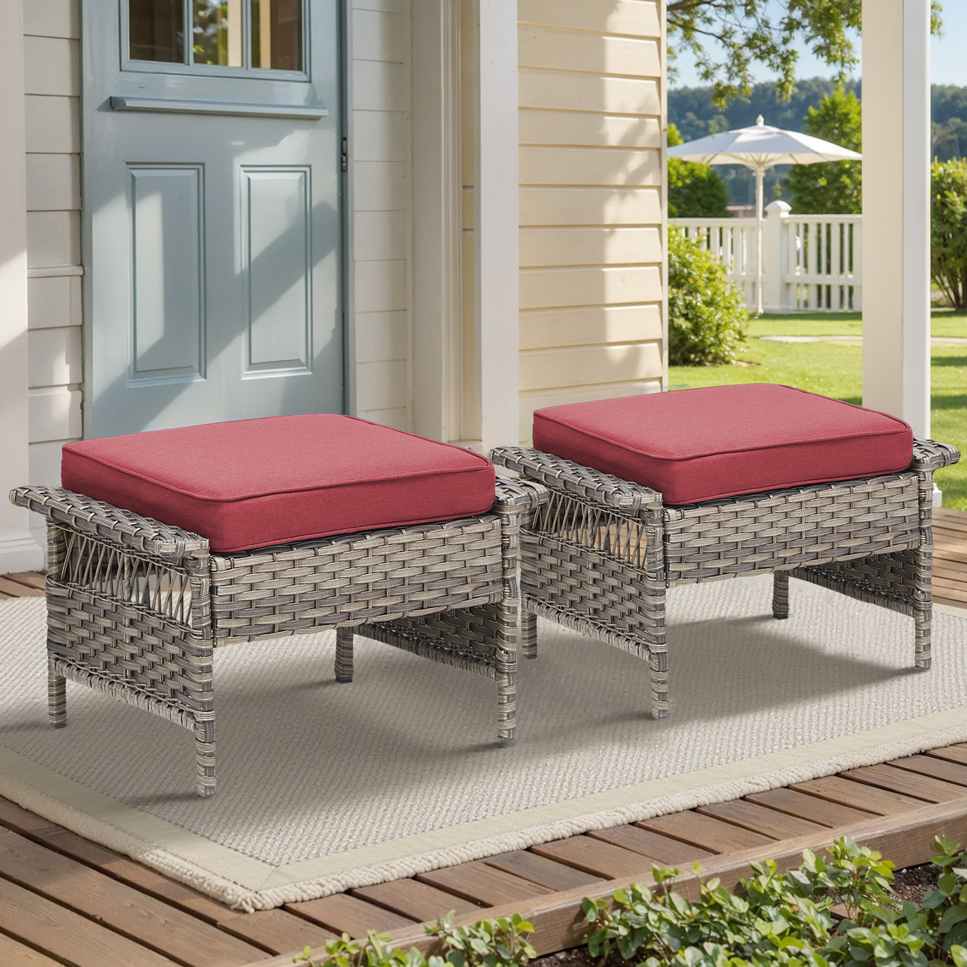 Outdoor PE Wicker Ottoman Set of 2 Gray Rattan Footrests