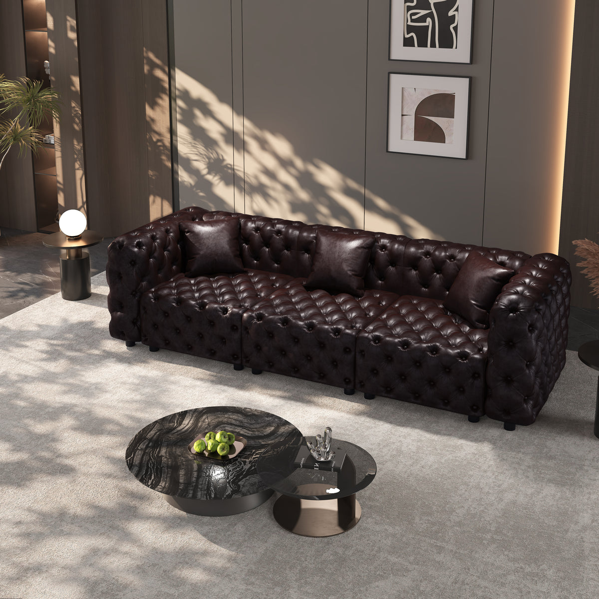 3-Seat Faux Leather Sofa Tufted Brown 106"