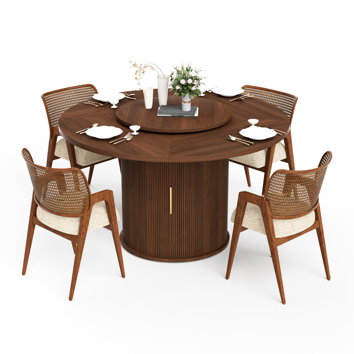 Round Engineered Wood Dining Table with Storage Walnut 55"