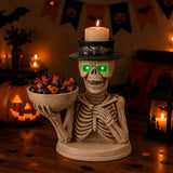 Halloween Skeleton Figurine with Storage Bowl & Candle Holder, Spooky Halloween
