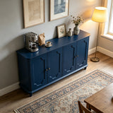 Blue Farmhouse Sideboard Buffet Cabinet, 4 Door Vintage Storage Credenza with De