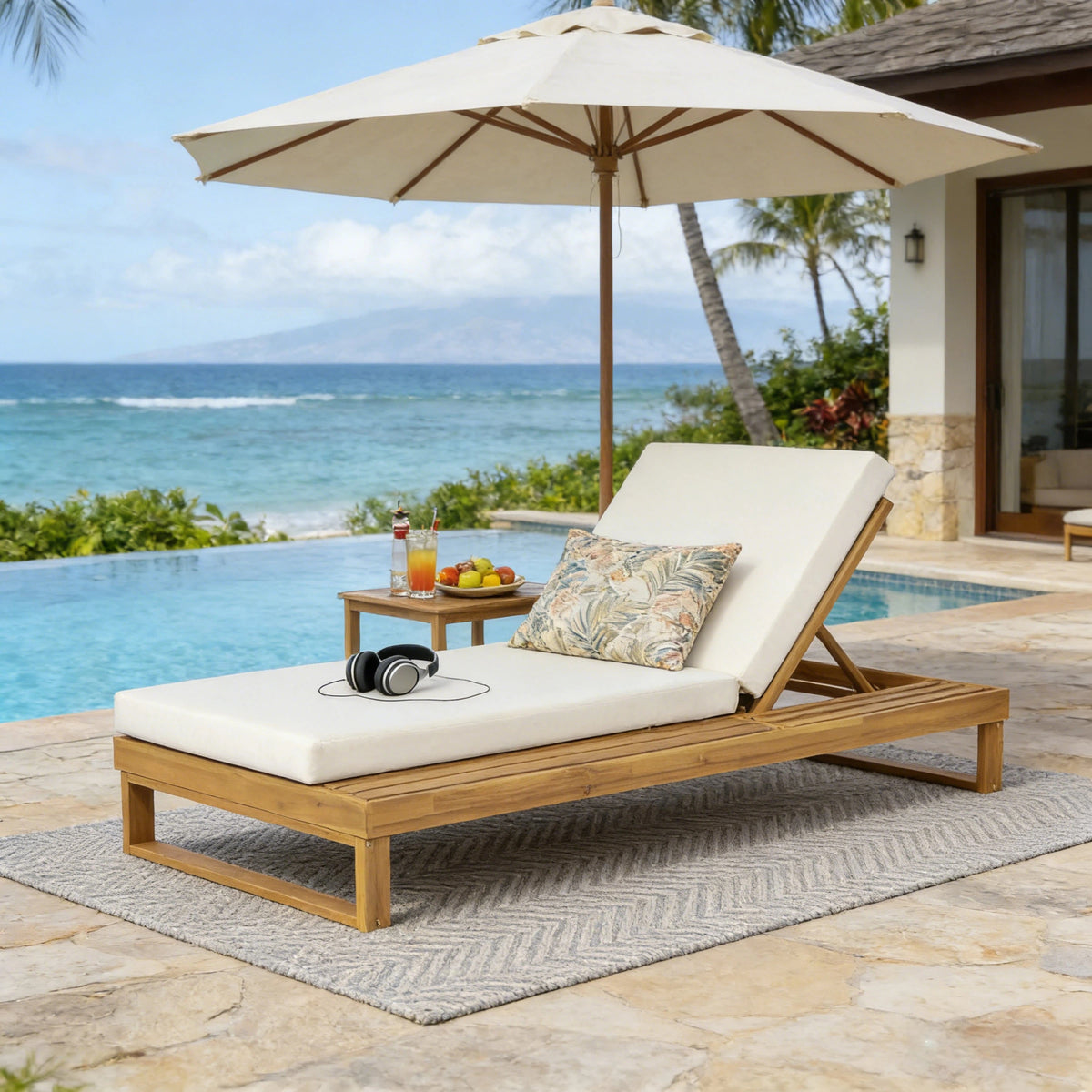 Outdoor Chaise Lounge Chair Acacia Wood Cream/Teak