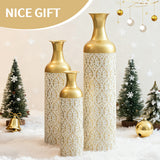 Gold White Metal Vase Set of 3, Tall Decorative Cylinder Flower Vases