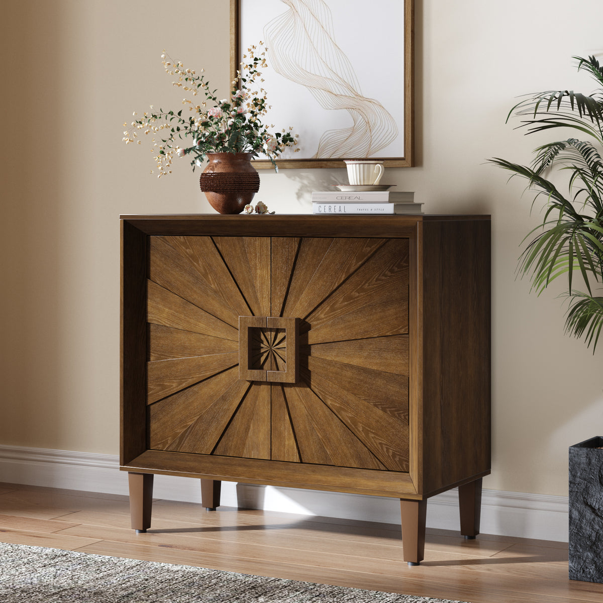 31.5' Antique Brown Mid-Century Modular Credenza Sideboard Buffet, Small Space C