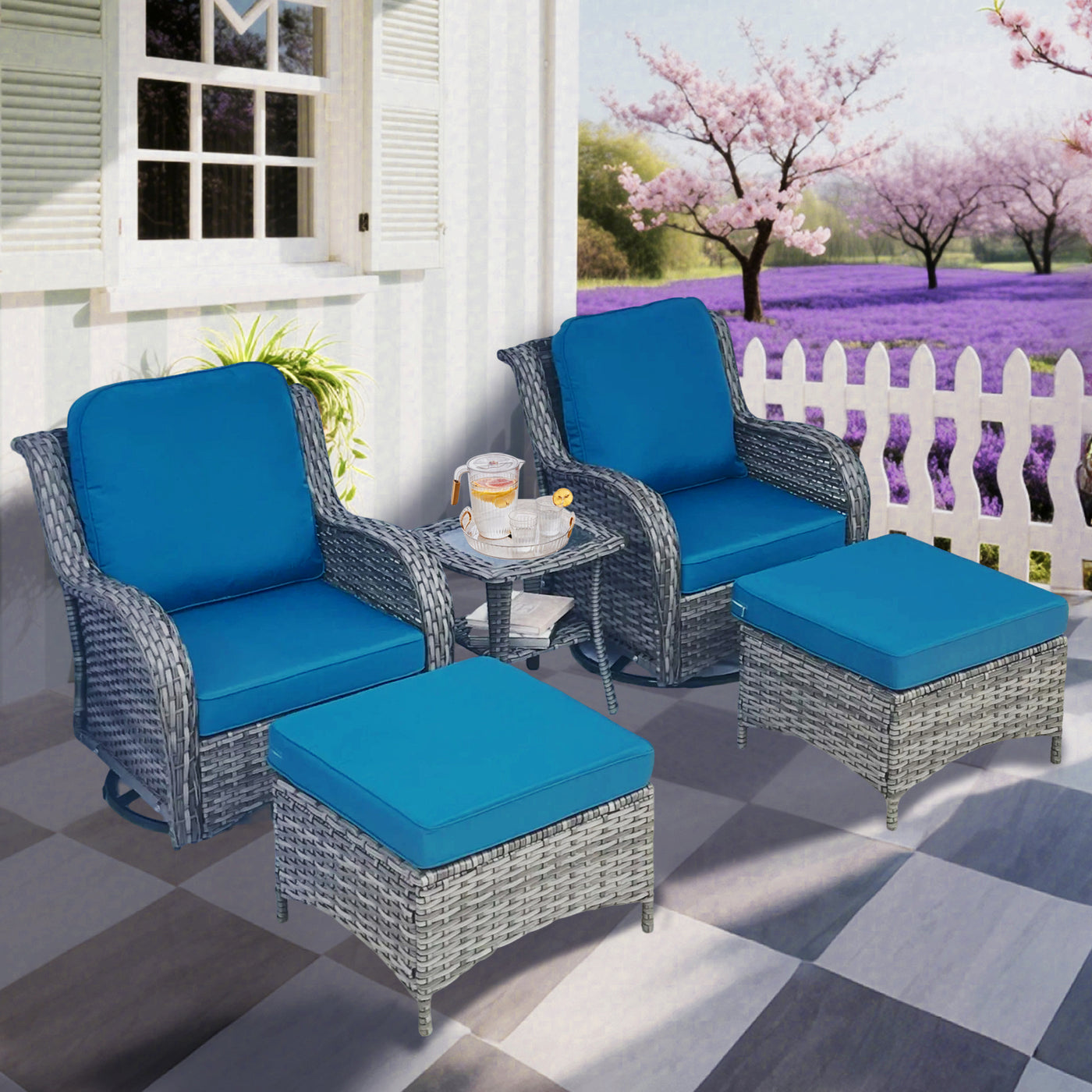 Outdoor Patio Set Wicker Aluminum Blue Gray 5 Piece Swivel Seats 4