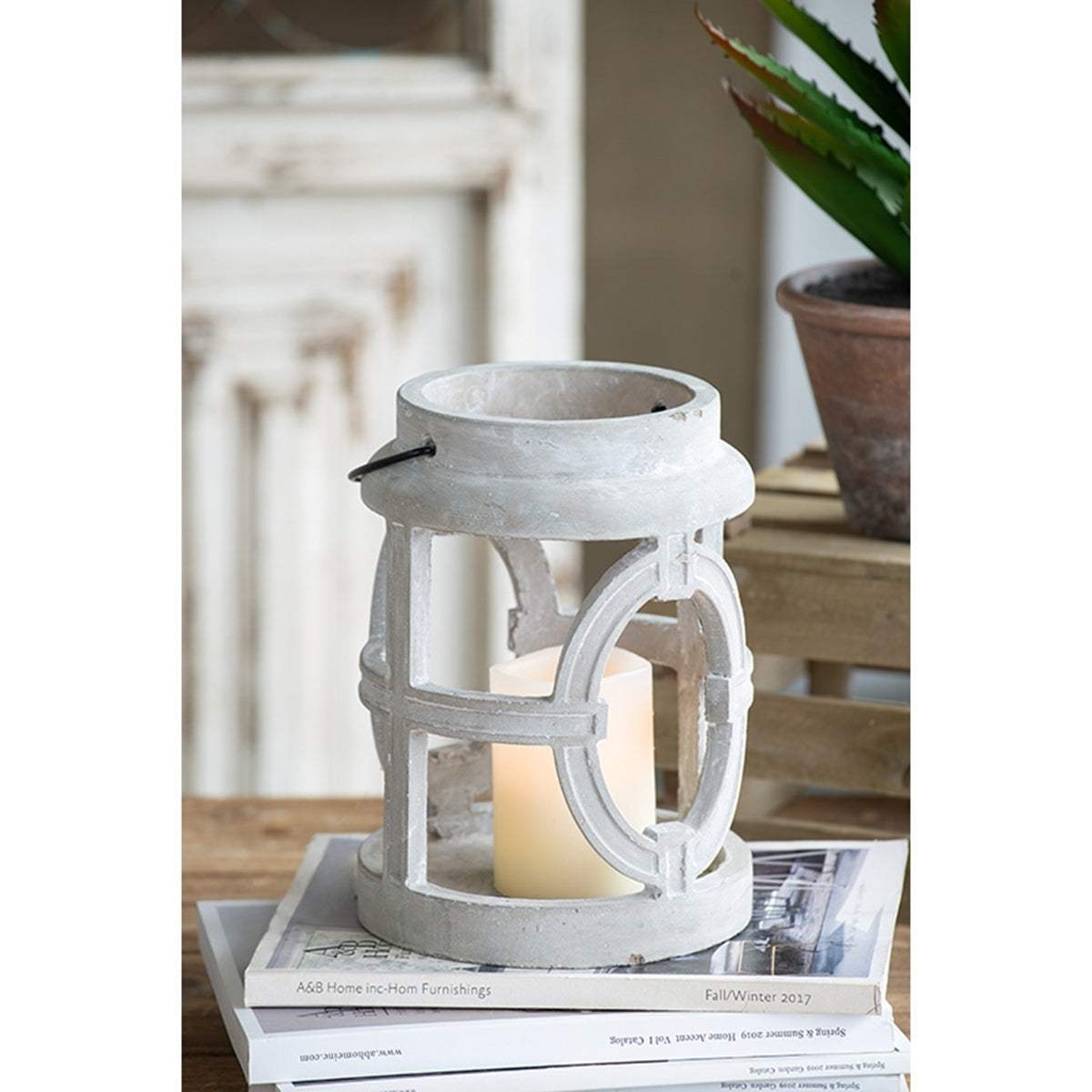 Gray Cement Lantern with Oval Cut-Out Design 7.1x7.1x9.6