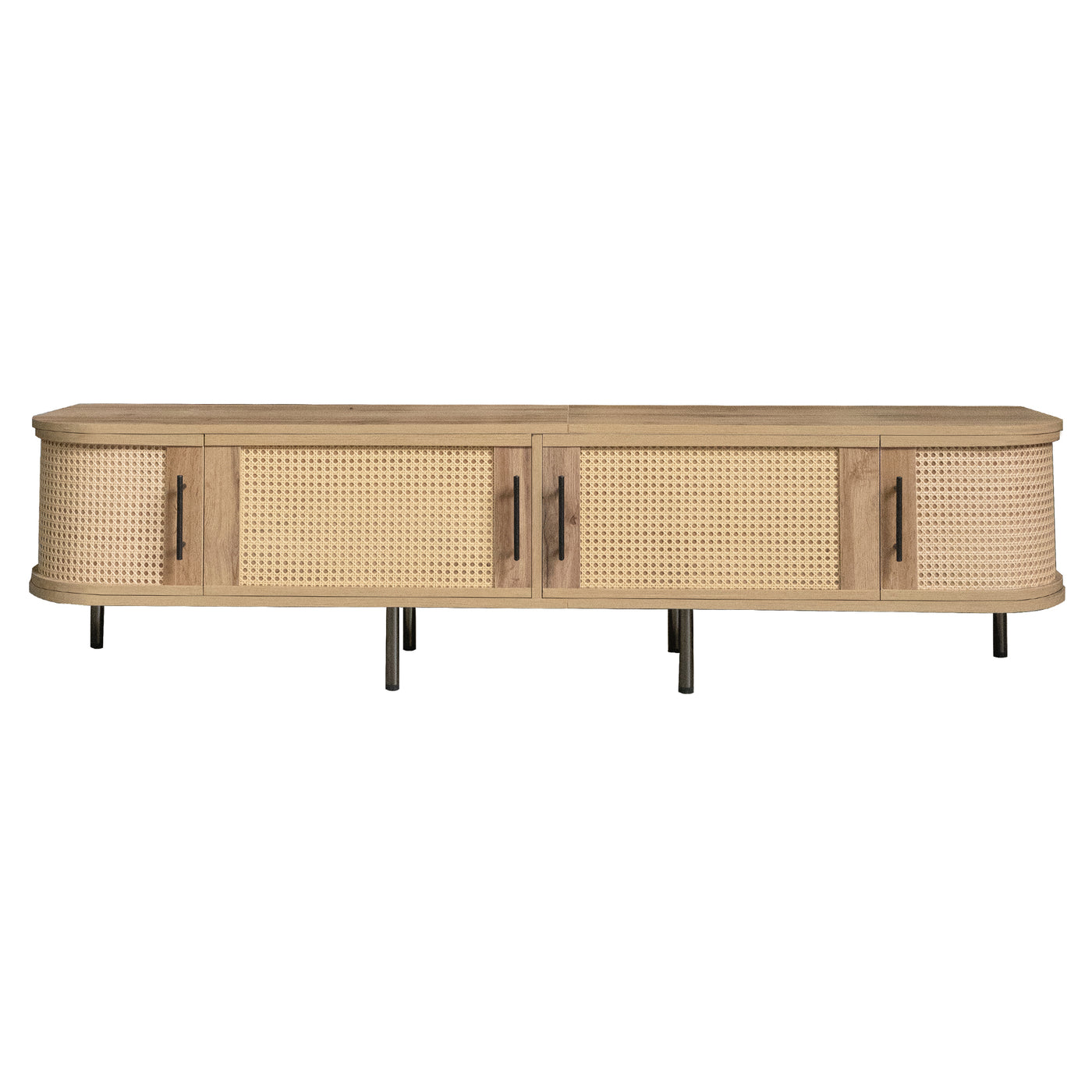 70" TV Stand with Rattan Doors, Natural Wood, MDF Iron