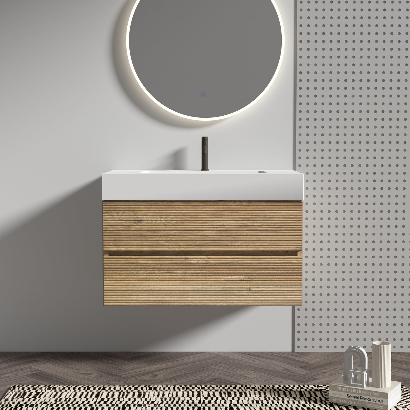 36'  Rough Oak+Rough Oak Bathroom Vanity with White Engineered Quartz Sink an...