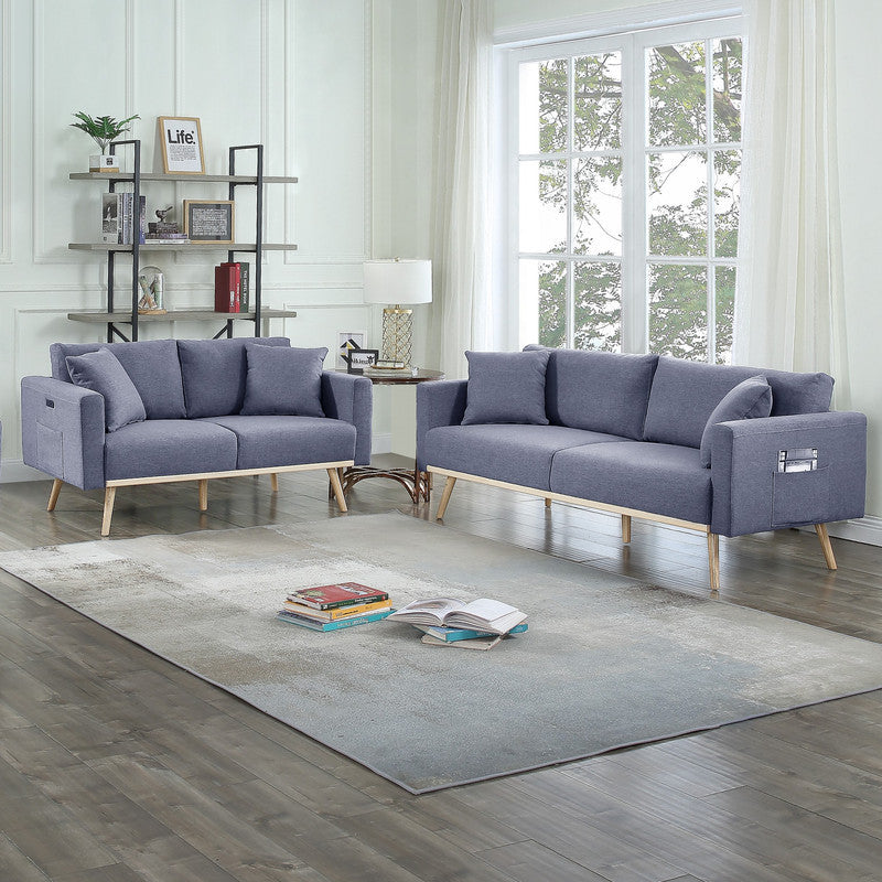 Dark Gray Linen Fabric Sofa Loveseat Set USB Charging