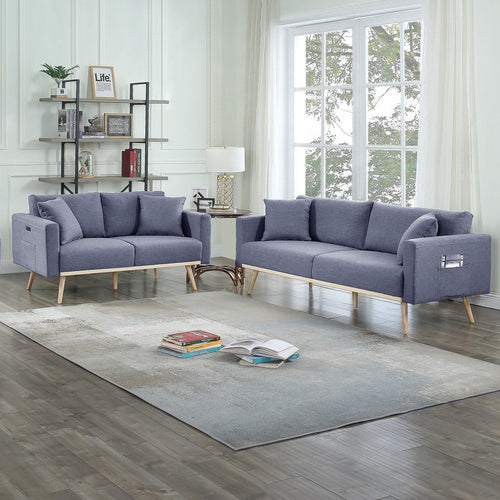 Dark Gray Linen Fabric Sofa Loveseat Set USB Charging