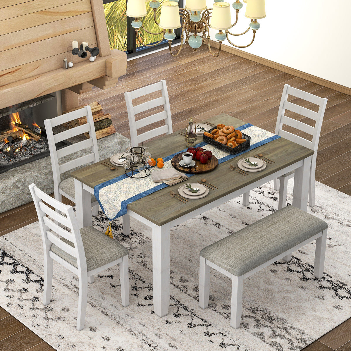 Solid Wood Dining Set Brown/Whitewash