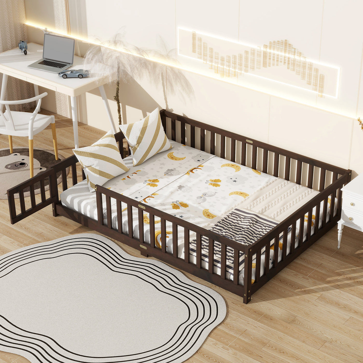 Full Size Floor Bed with Safety Guardrails, Rubber Wood