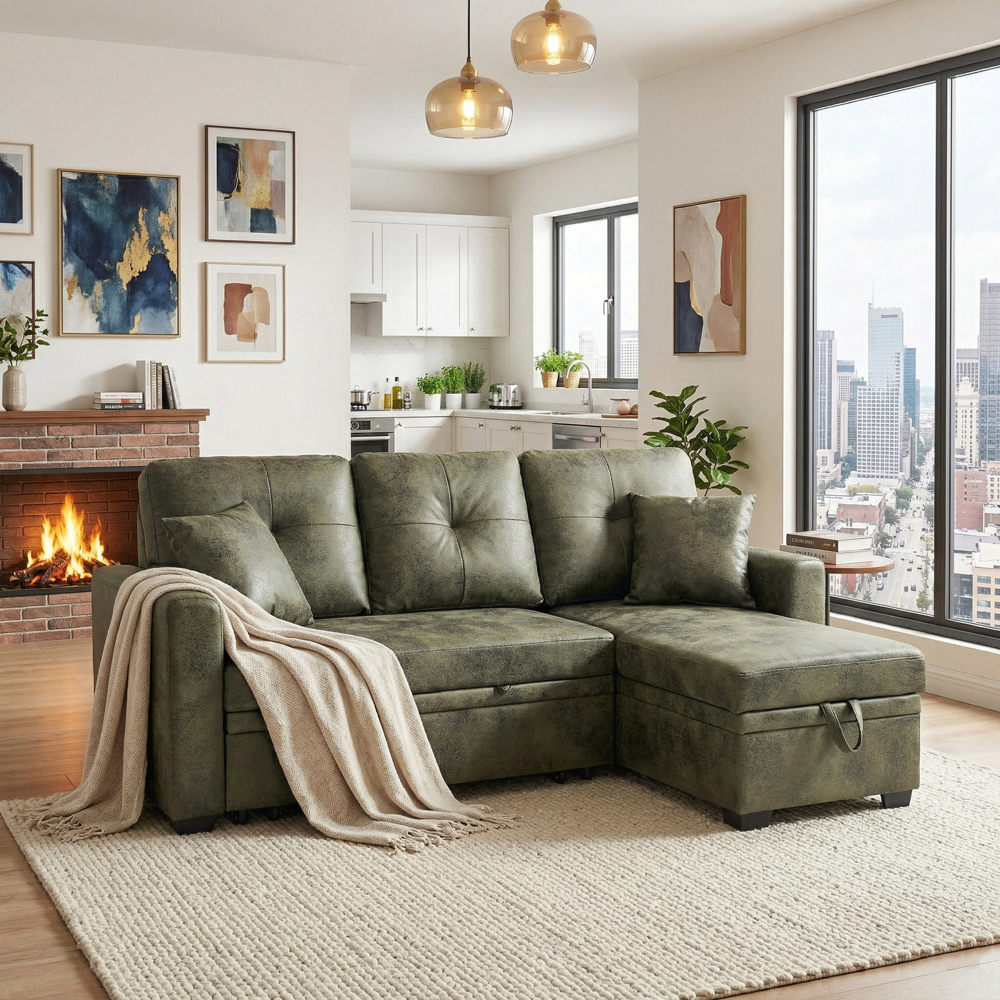Sectional Sofa L-Shape Olive Green Sleeper 71