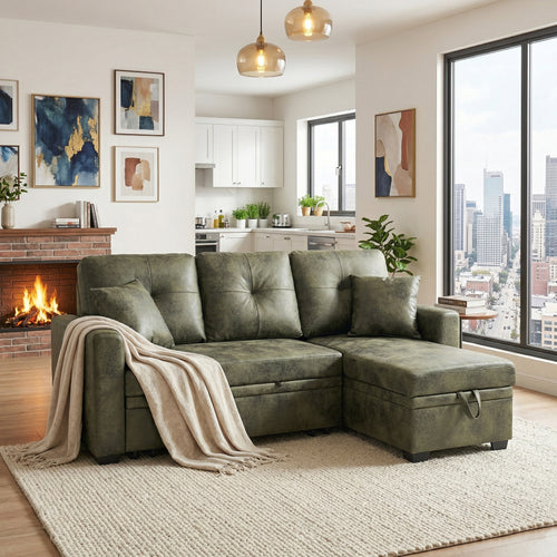 Sectional Sofa L-Shape Olive Green Sleeper 71