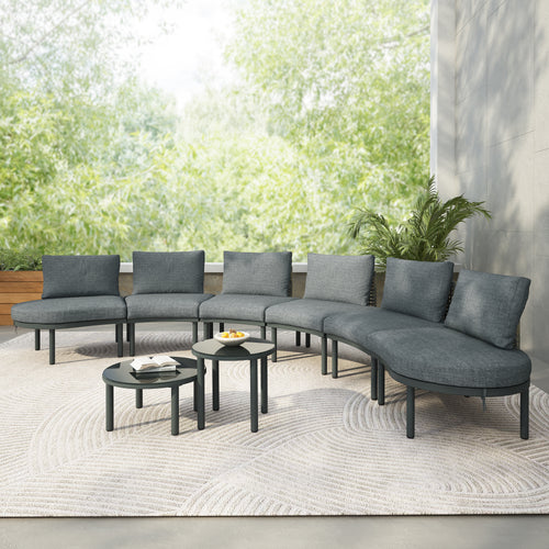 Outdoor Patio Set Half Moon Wicker Aluminum Gray 8 Piece 2 Tables
