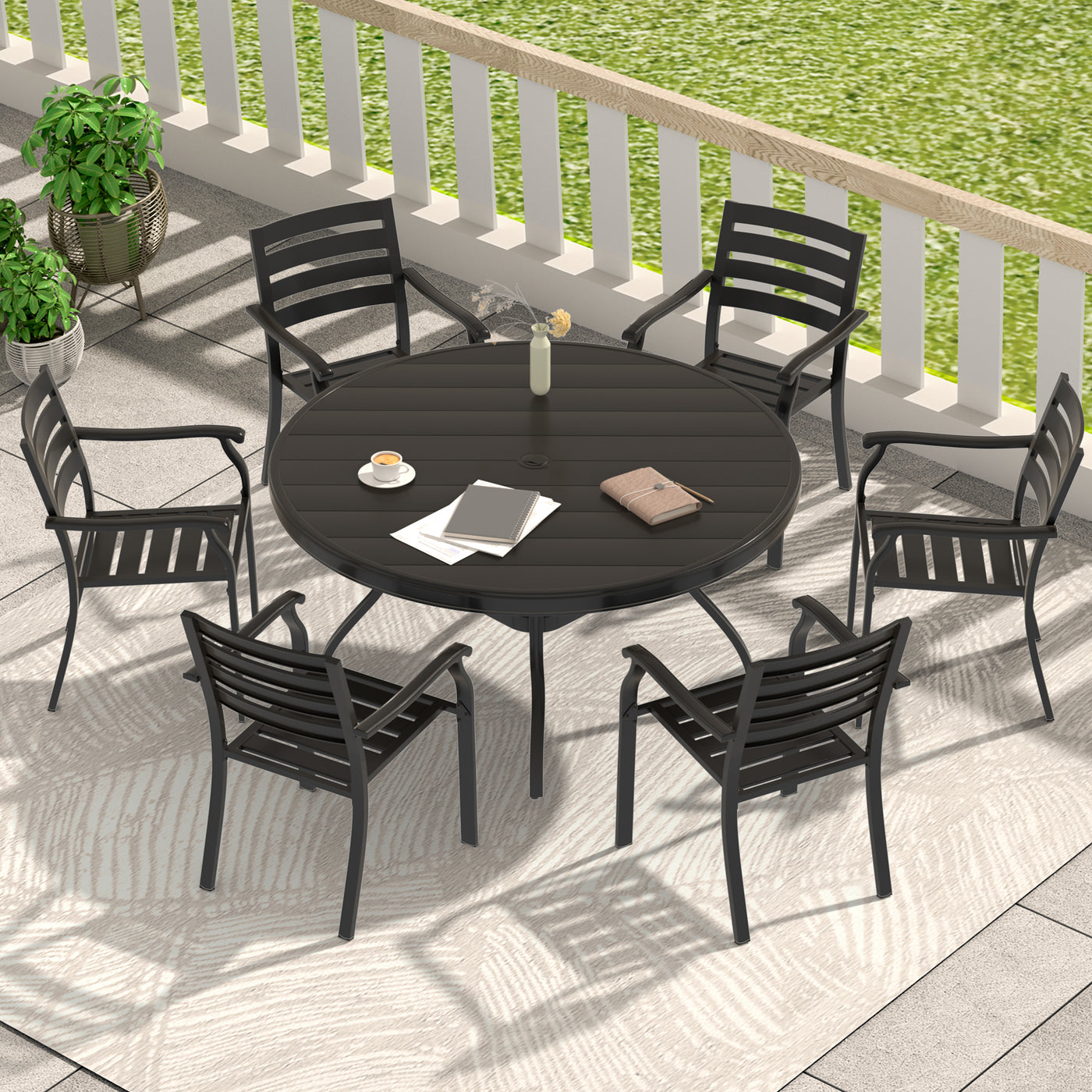 7 Piece Outdoor Patio Dining Set with 6 Stackable Chairs