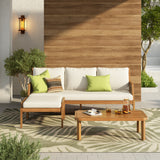 3 Piece Acacia Wood Patio Furniture Set, Outdoor Wicker Furniture Sectional Sofa Set with Coffee Table, 4 Seats Sofa Deep Seating with Soft Cushions for Garden, Backyard, Teak & Mix Brown & Cream