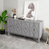 Vintage Black Oak 4-Door Cabinet w/ Hand-Carved Geometric Doors