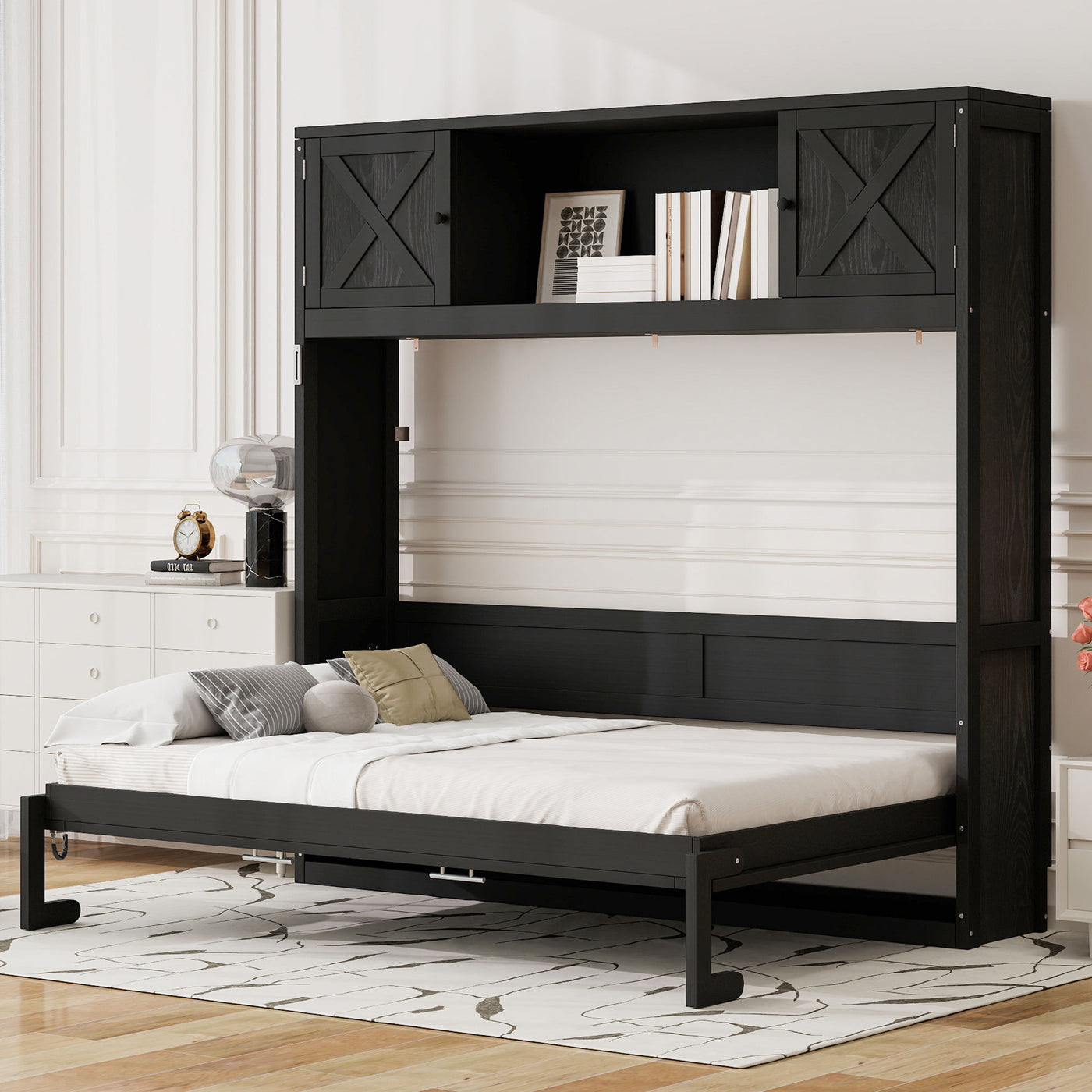 Full Size Murphy Bed with Storage Cabinets Black