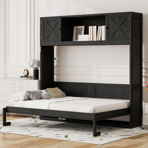 Full Size Murphy Bed with Storage Cabinets Black