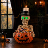 Halloween Skeleton Figurine with Pumpkin Candy Bowl & Candle Holder, Spooky Tabl