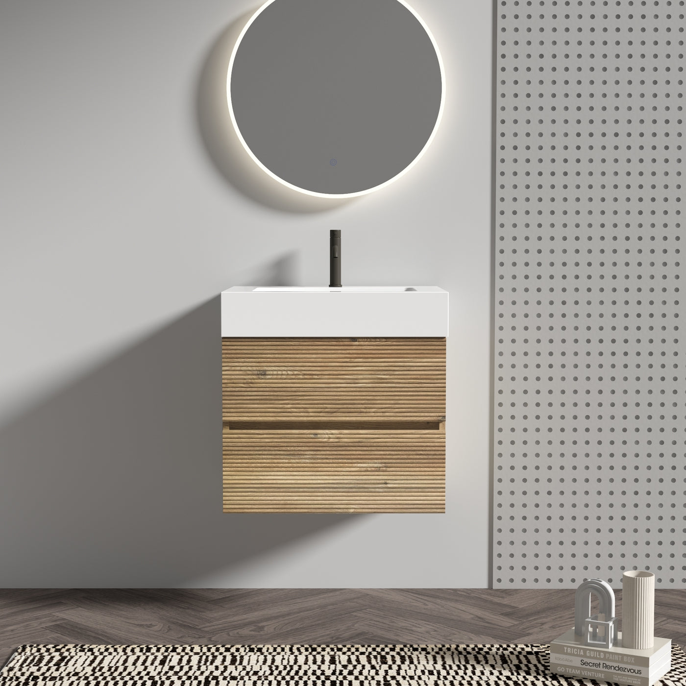 24' Rough Oak Bathroom Vanity with White Glossy Engineered Quartz Sink Soft Drawers