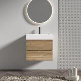 24' Rough Oak Bathroom Vanity with White Glossy Engineered Quartz Sink Soft Drawers