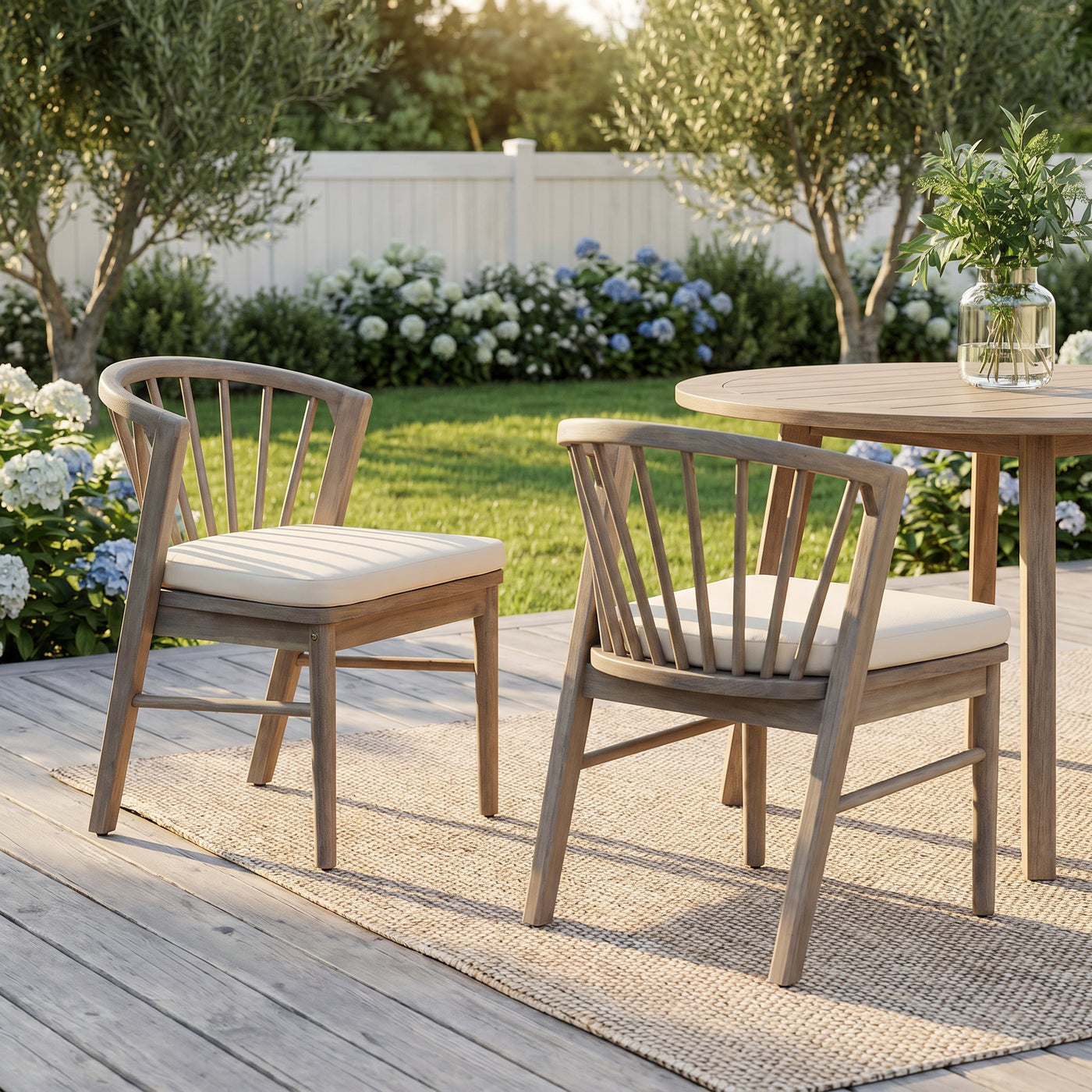 Outdoor Dining Chairs Set of 2, Acacia Wood Patio Chairs with Cream Washable Cushion,for Backyard, Poolside, Garden,Light White