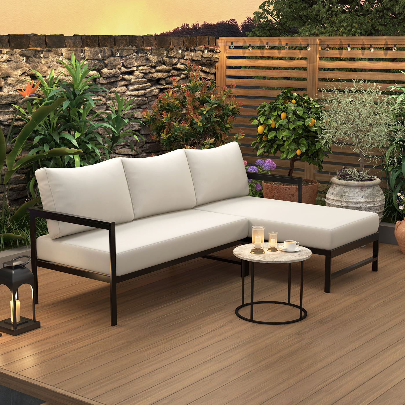L-Shaped Patio Sofa Set with Iron Frame & Cushions