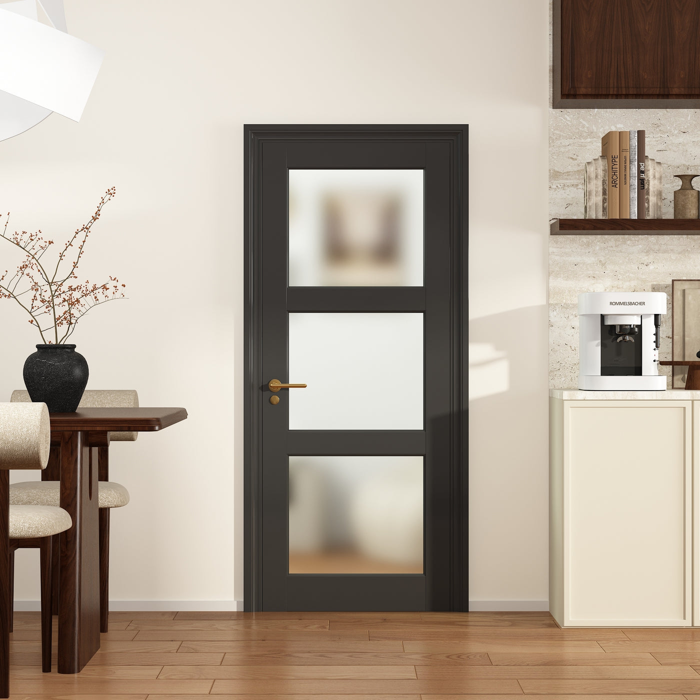 24" x 80" 3-Lite Frosted Glass French Door MDF Wood Panel